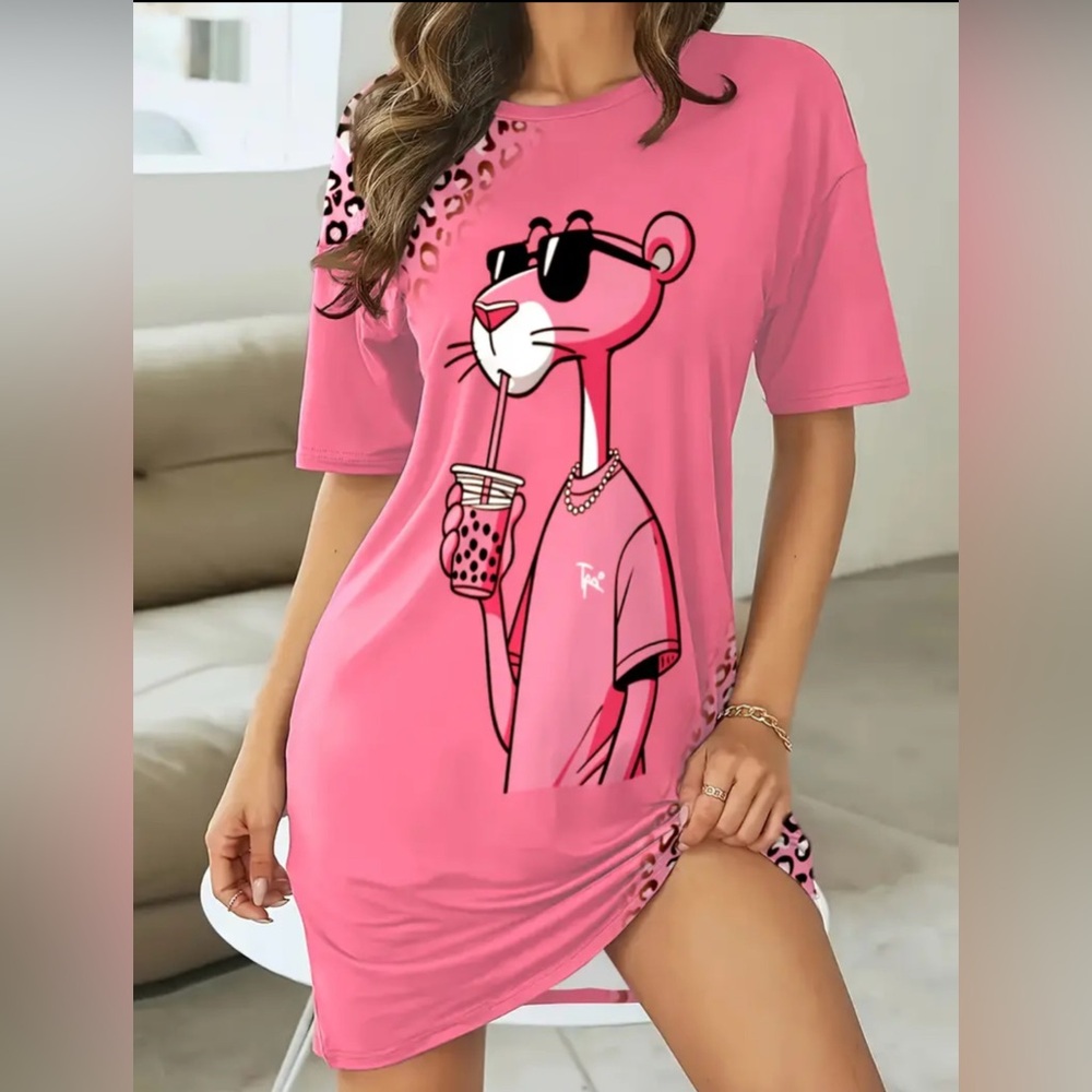Pink Graphic T-Shirt Dress with Cartoon Print - Picture 4 of 5